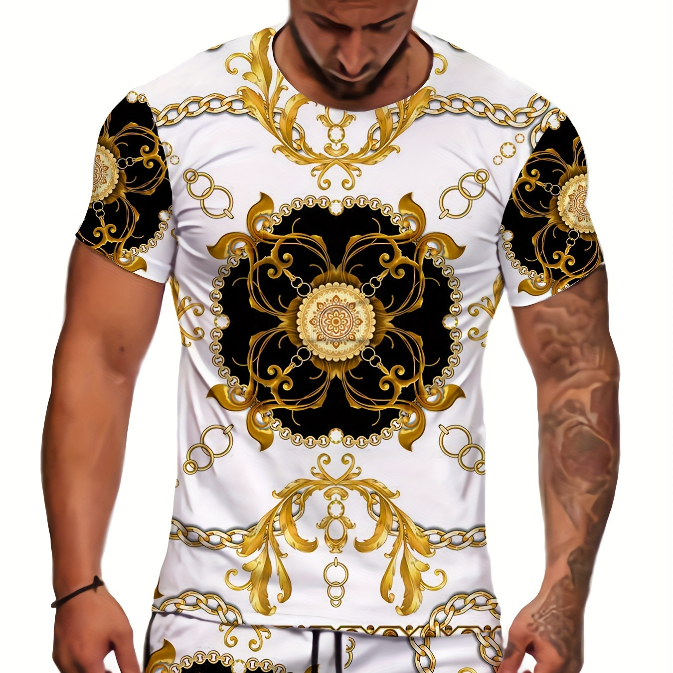 

Men's Luxury Flower 3d Print Fashion Round Neck T-shirt, Casual Graphic Tees, Short Sleeve Breathable Tops, Men's Undershirts, Men's Summer Clothes