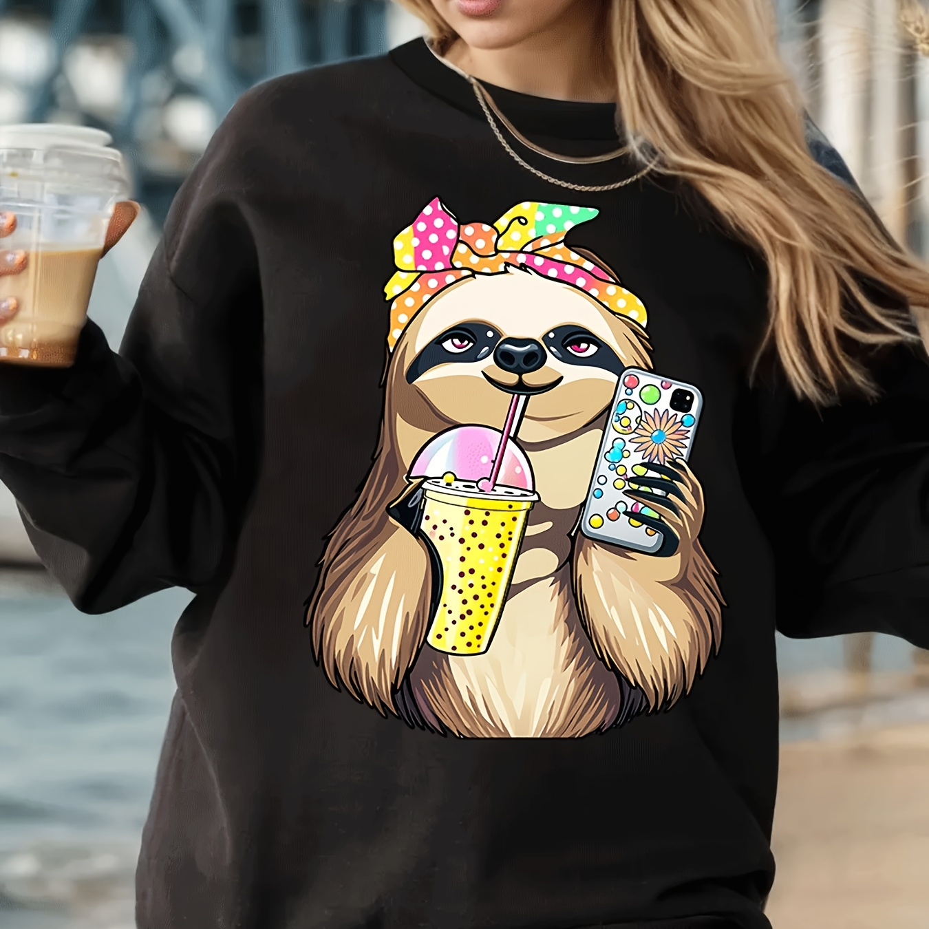 

Cartoon Sloth Print Pullover Sweatshirt, Casual Long Sleeve Crew Neck Sweatshirt For Fall & Winter, Women's Clothing