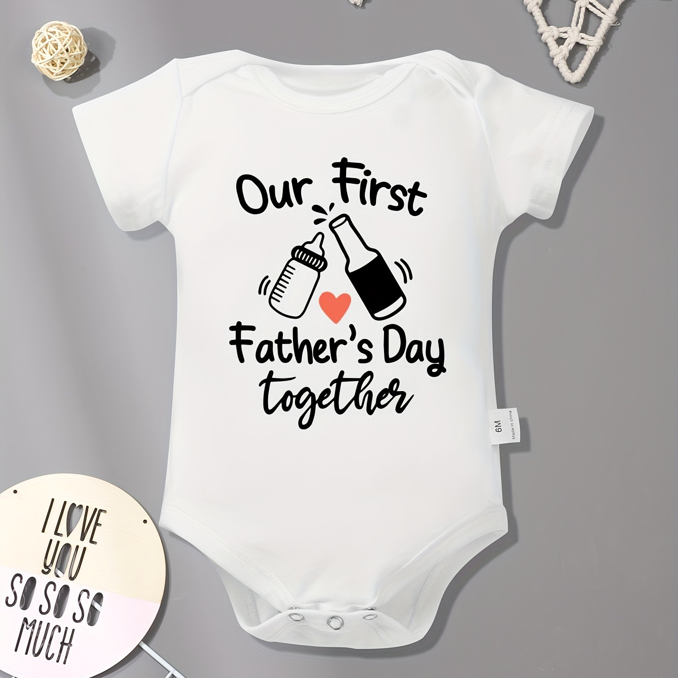 

Infant's "our First Father's Day Together" Print Bodysuit, Casual Short Sleeve Onesie, Baby Boy's Clothing