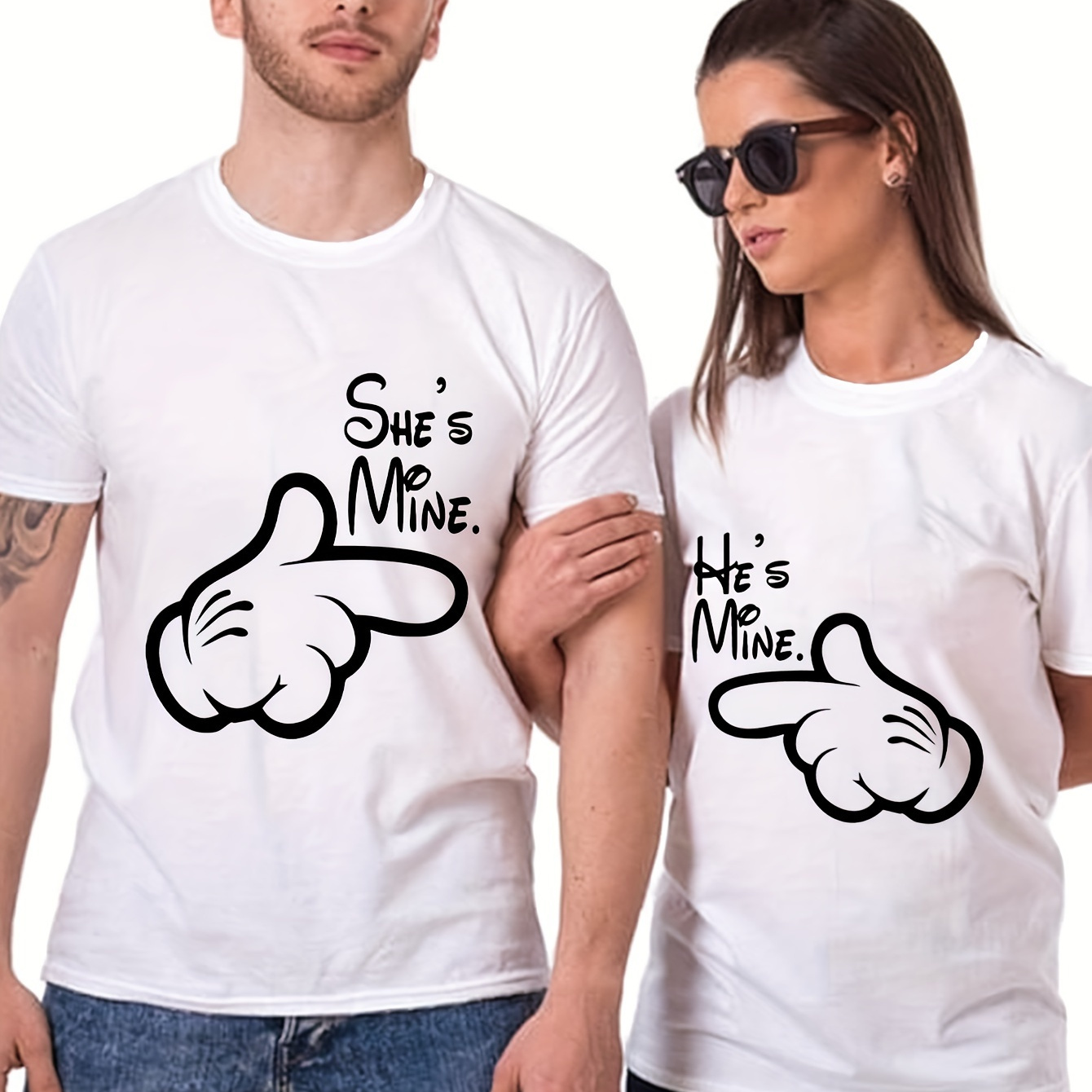 

Couple Front Print T-shirt "he's/she's Mine" Graphic Tee Summer Casual Tee Streetwear Top For Men Women