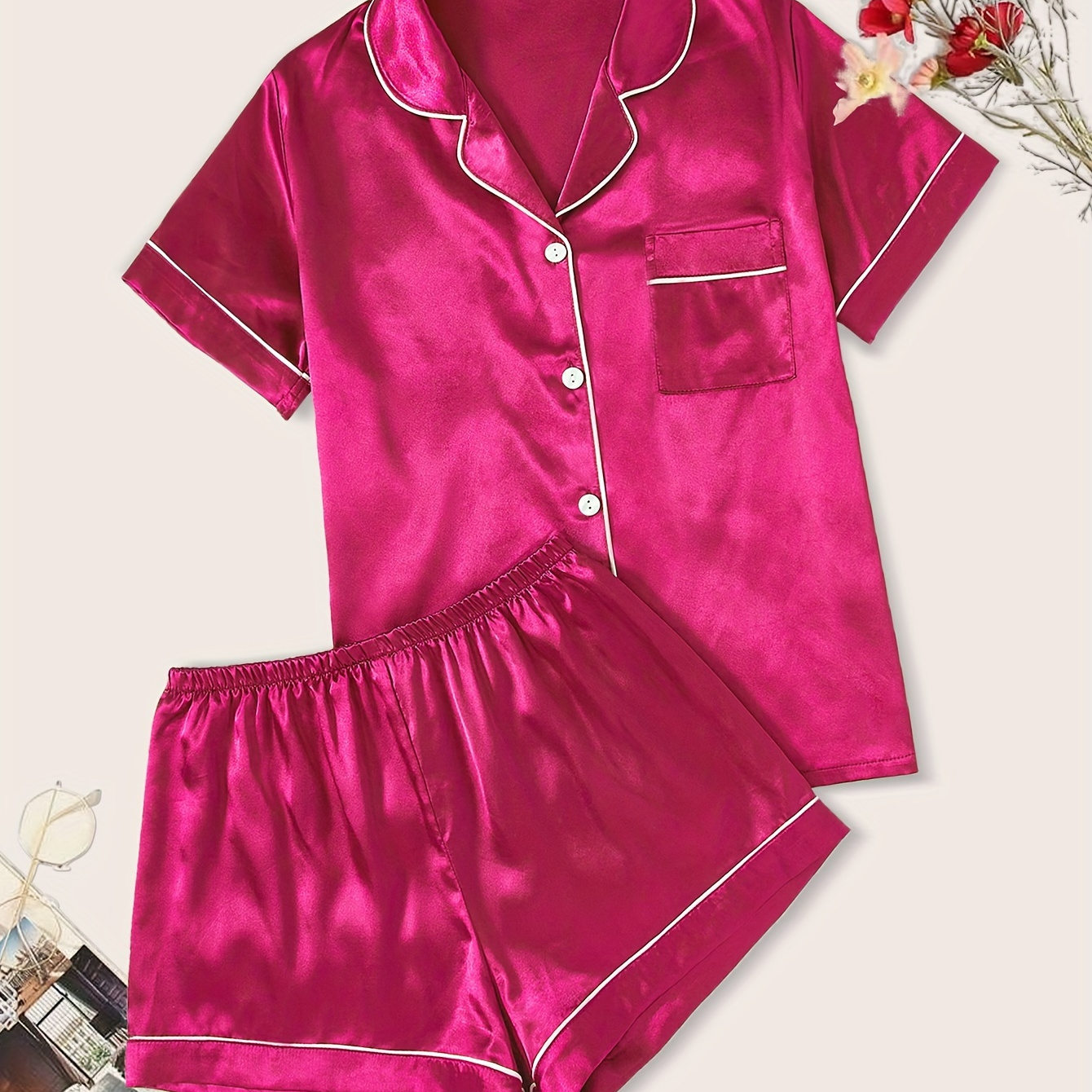 

Luxurious Rose Pajama Set For Women - Elegant Short Sleeve Button- With Lapel Collar & Matching Waist Shorts, Soft & Breathable Sleepwear/loungewear, Machine Washable