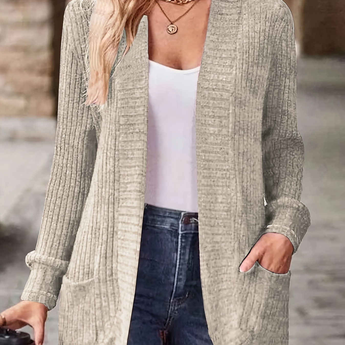 

Plain Color Ribbed Knit Open Front Cardigan, Elegant Long Sleeve Patch Pockets Cardigan For Spring & Fall, Women's Clothing