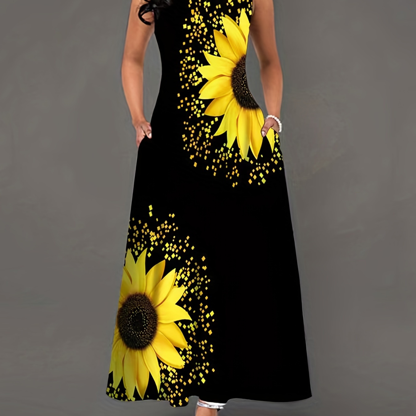 

Sunflower Print Keyhole Dress, Casual Crew Neck Sleeveless Maxi Dress With Pocket, Women's Clothing