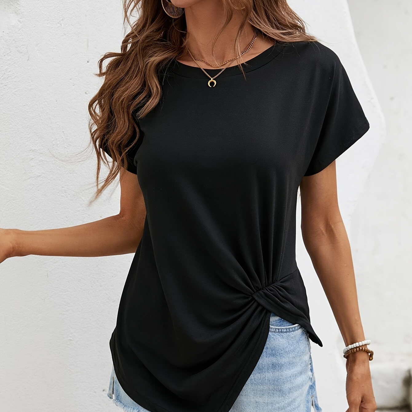 

Solid Color Twist Front T-shirt, Elegant Short Sleeve Crew Neck Top For Spring & Summer, Women's Clothing