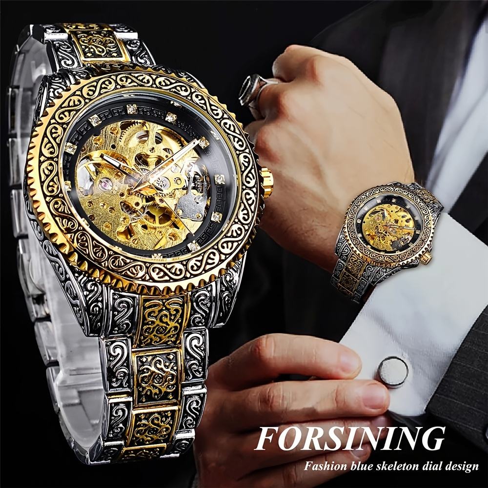 

Men's Fashion Carved Golden Mechanical Wrist Watch, Butterfly Buckle Hollow Out Mechanical Watch, Ideal Choice For Gifts