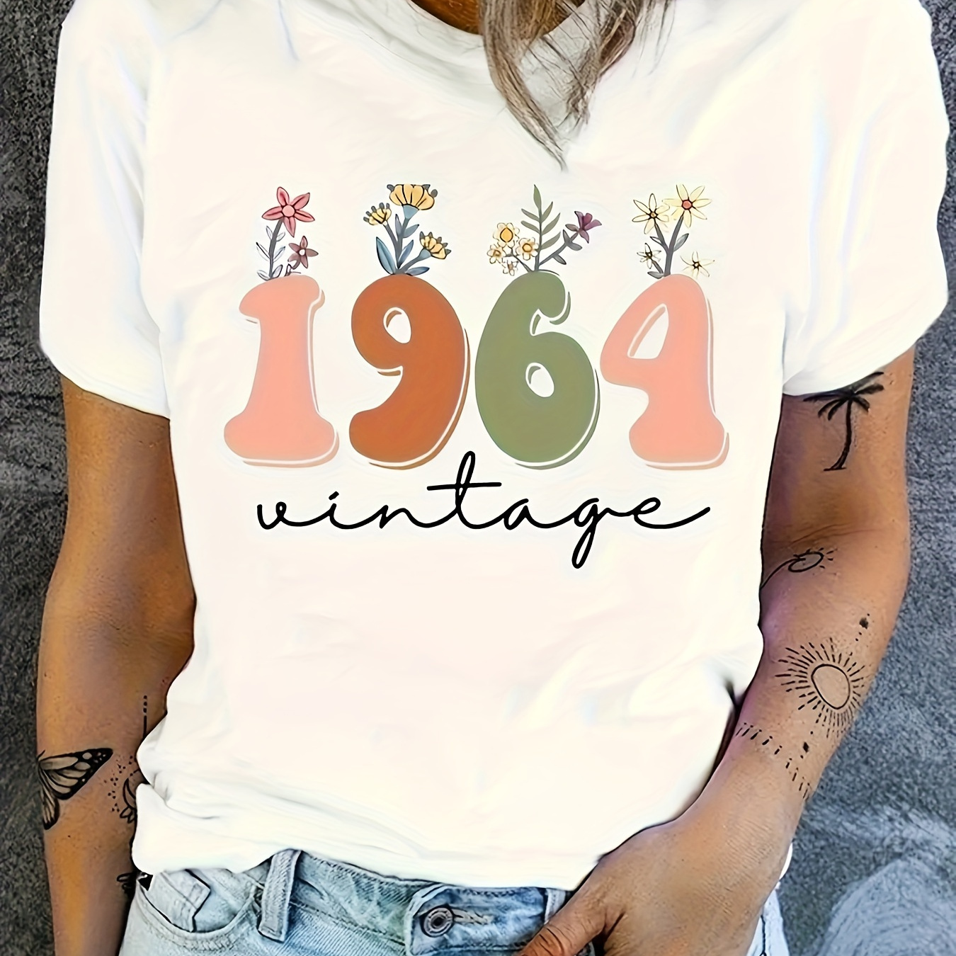 

T-shirt Imprimé Vintage De 1964, Haut Décontracté À Manches Courtes Et Col Rond Pour Le Printemps Et L'été, Vêtements Pour Femmes