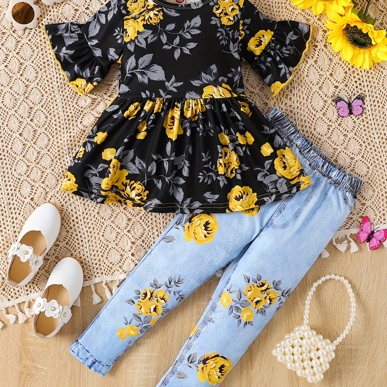

2pcs Girl's Yellow Floral Flare Sleeve Peplum Top + Floral Leggings Set Holiday Daily Cute & Fashion Summer Outfit