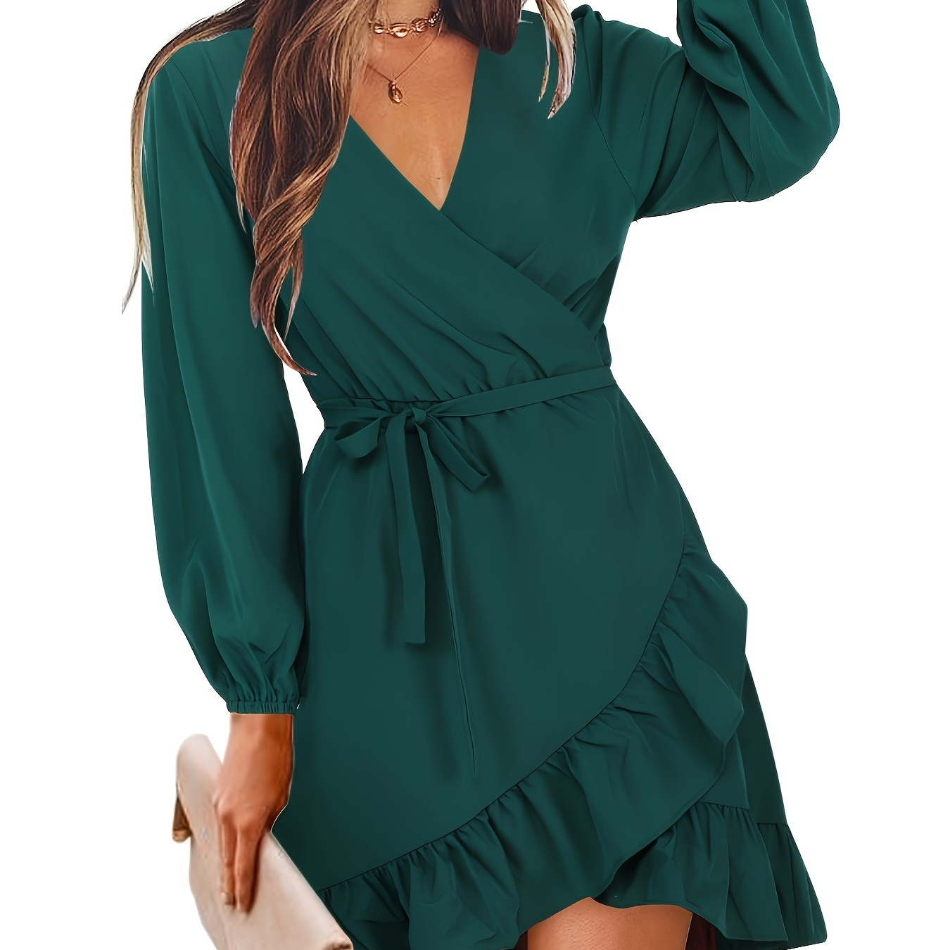 

1pc Polyester Women's Ruffle Hem Long Sleeve Wrap Chest Elegant Dress, Spring, Summer, Fall And Winter, For Christmas, Halloween, And More