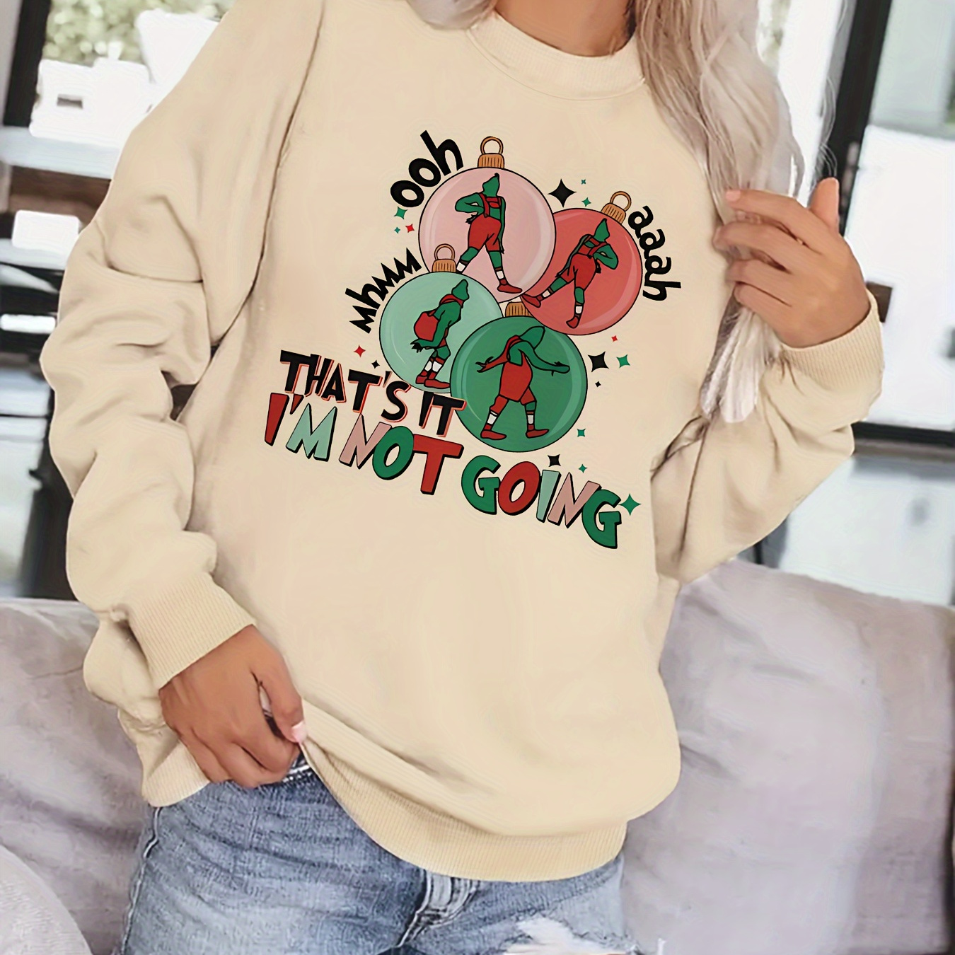 

Christmas Print Sweatshirt, Casual Long Sleeve Crew Neck Sweatshirt, Women's Clothing