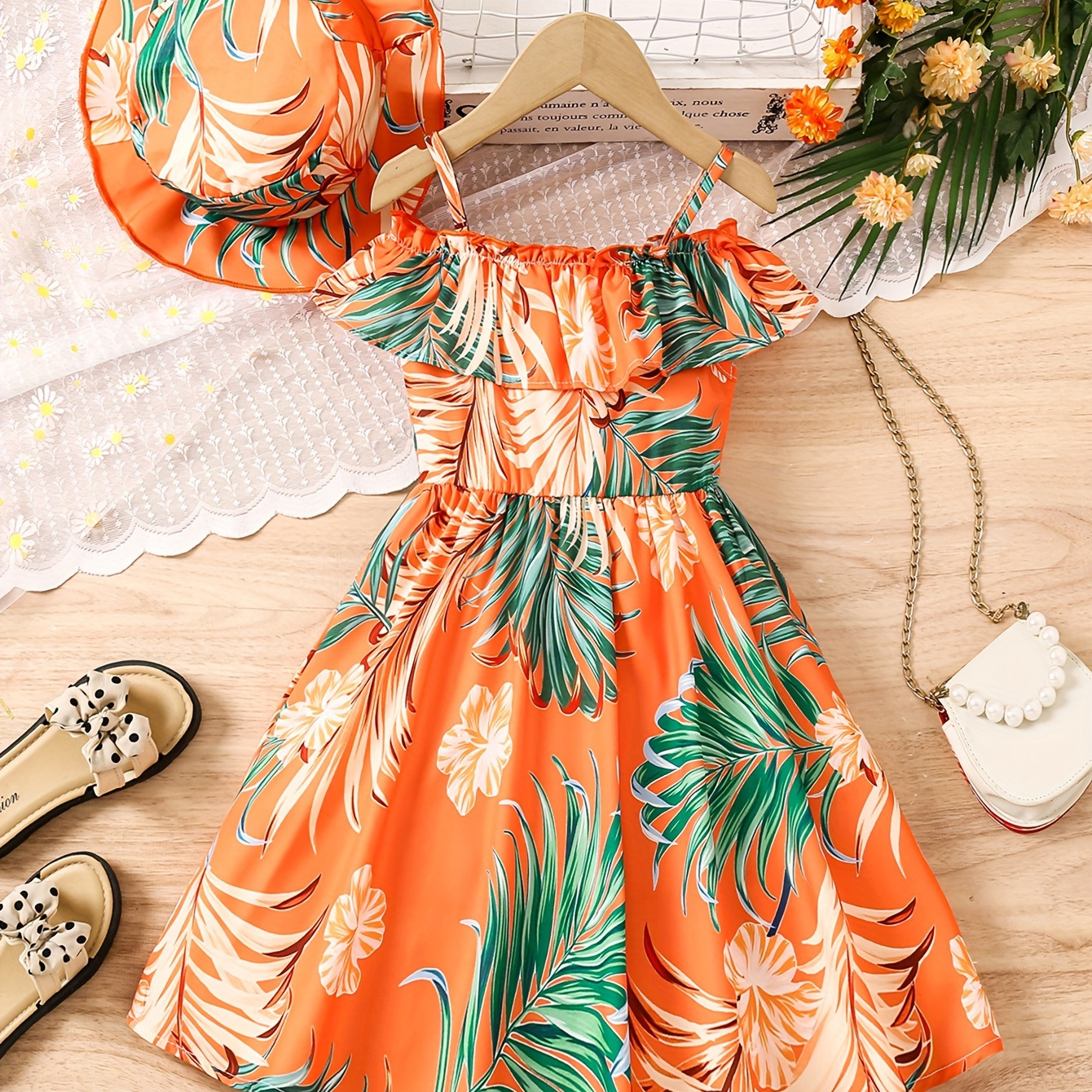 

Girls Off Shoulder Tropical Leaf Print Ruffle Trim Vacation Style Dress With Hat, Summer Going Out