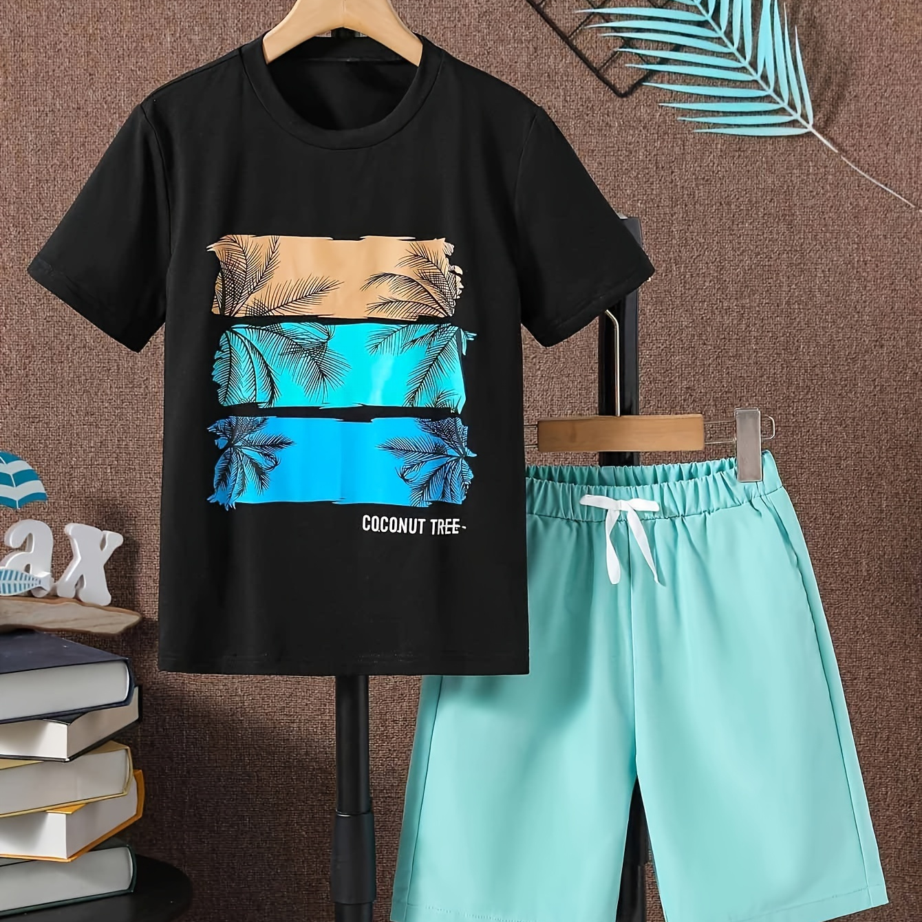 

Boy's Cartoon Coconut Tree Print 2pcs Casual Outfit, Color Clash Block Pattern T-shirt & Shorts Set, Boy's Clothes For Summer