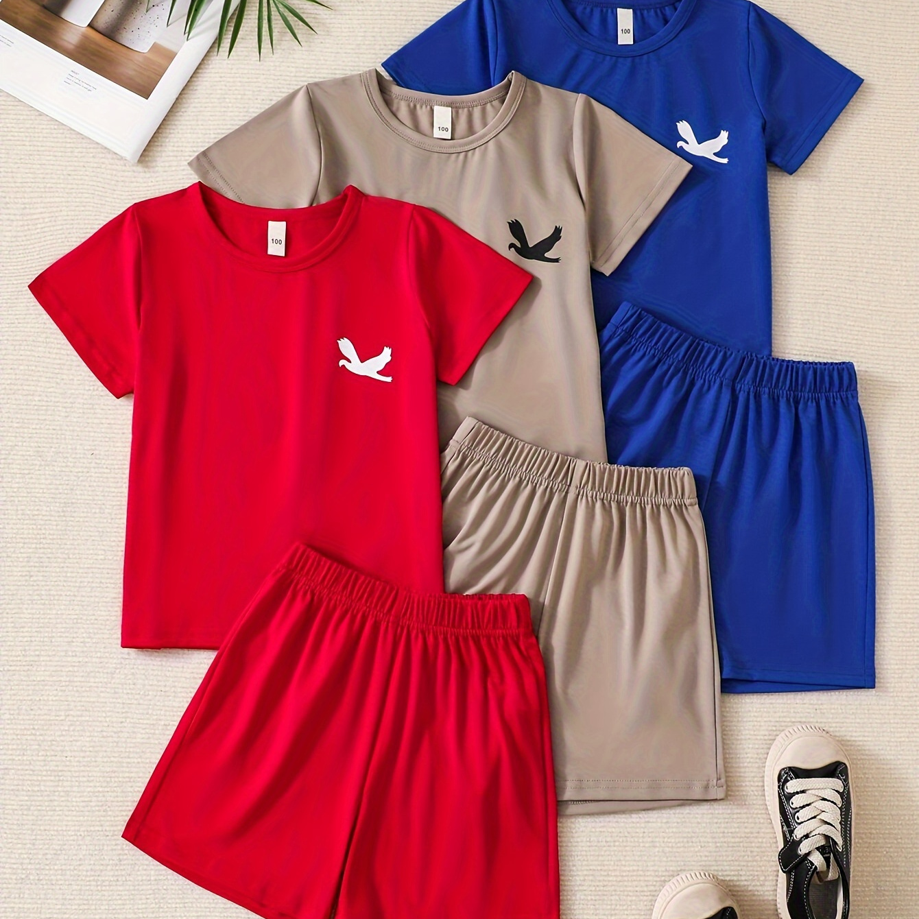 

6pcs Boys Casual Eagle Print Comfortable Versatile Short Sleeve T-shirt & Shorts Set, Cool, Lightweight And Comfy Summer Clothes!