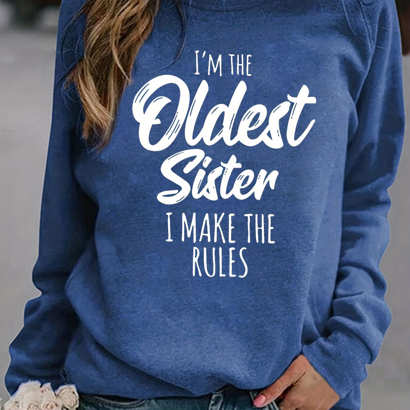 

Oldest Sister Letter Print Sweatshirt, Casual Crew Neck Long Sleeve Sweatshirt, Women's Clothing