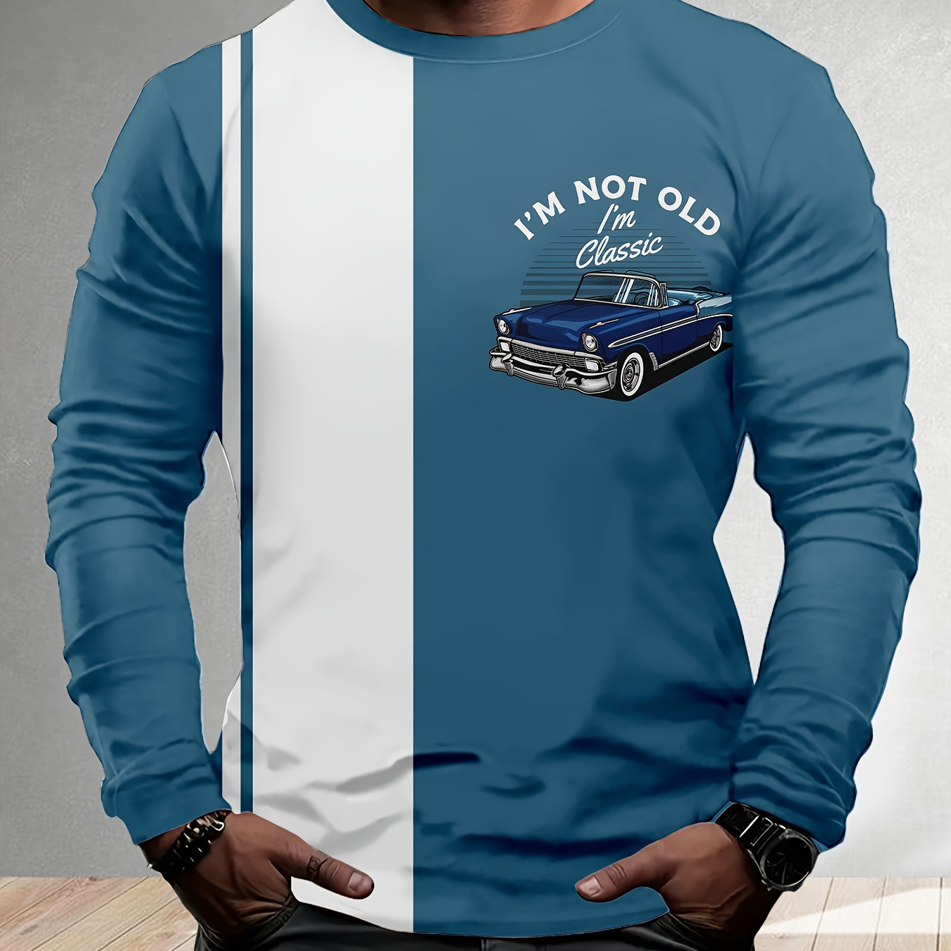 

Car Print Long Sleeve T-shirt, Casual Crew Neck Polyester Top With Stretch, 3d Graphic Tee For Teens And Adults, Regular Fit For Spring/fall - 100% Polyester