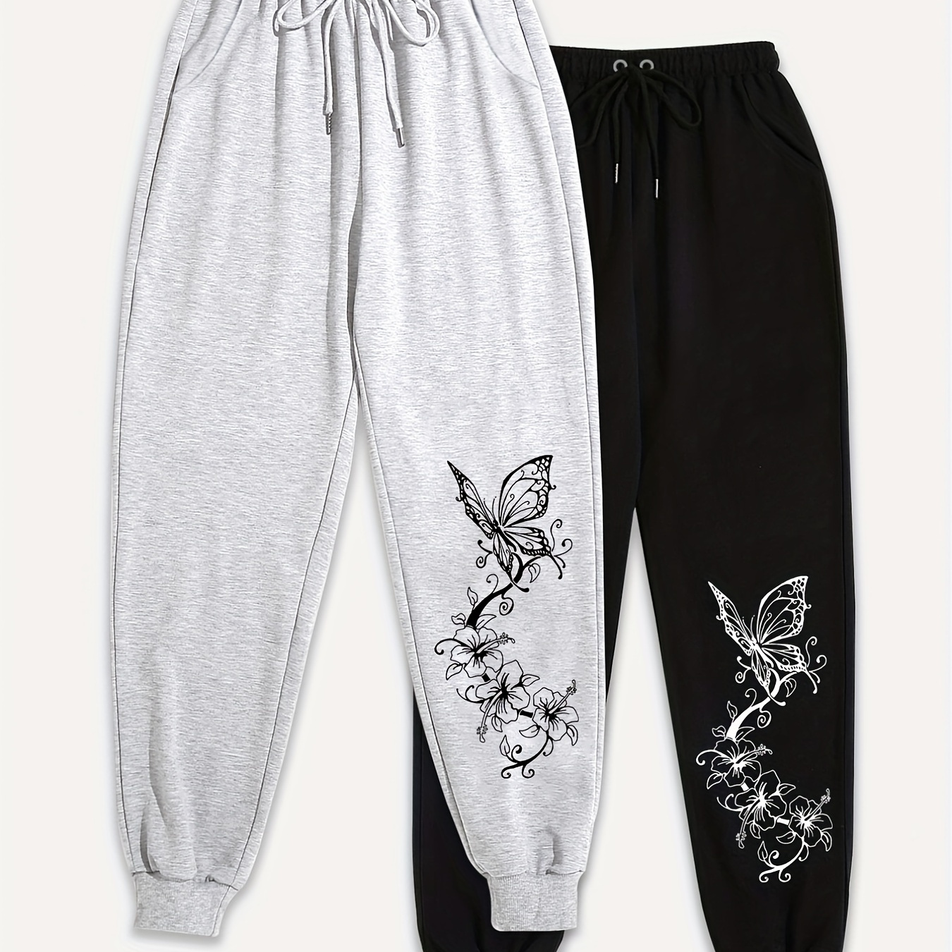 

Flower & Butterfly Print Sweatpants 2 Pack, Drawstring Waist Comfy Versatile Jogger Pants, Women's Clothing