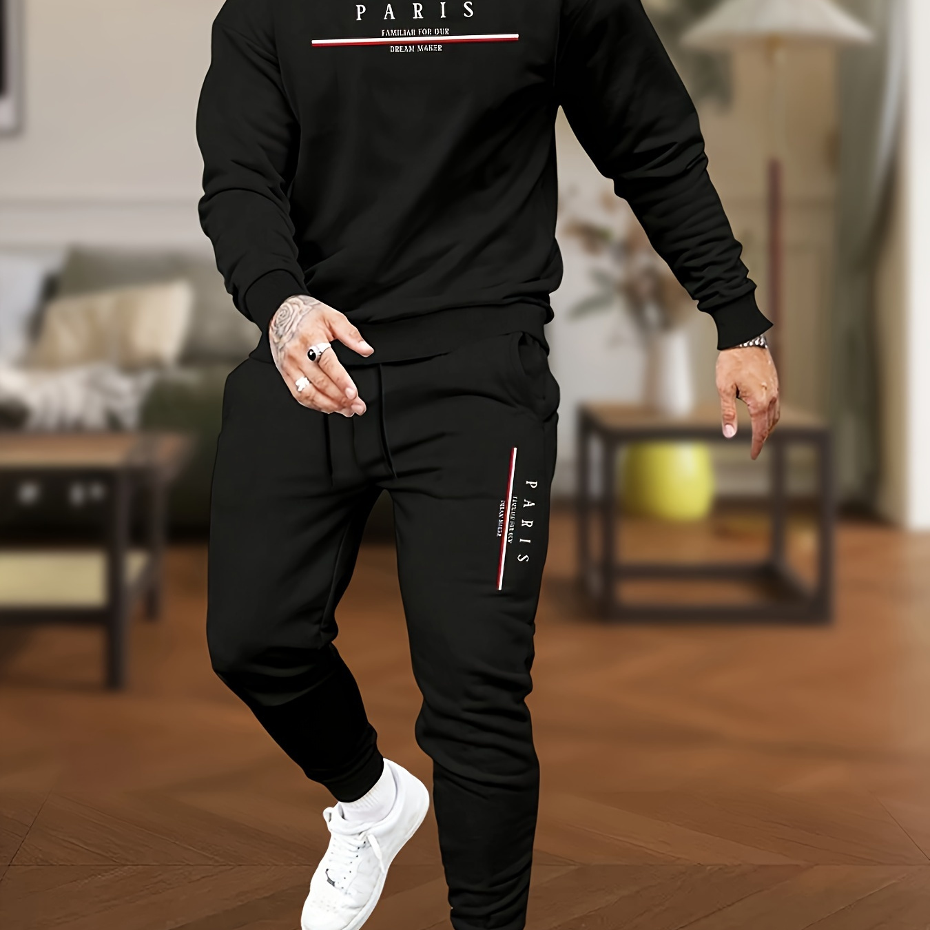 

Paris Print Men's 2pcs Outfits, Casual Crew Neck Long Sleeve Pullover Sweatshirt And Drawstring Sweatpants Joggers Set For , Men's Clothing