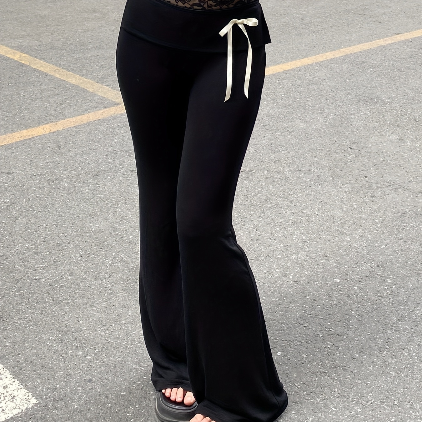 

Elegant High-waisted Flare Pants With Lace Detail, Stretchy Polyester , Solid Color - Spring/summer/fall