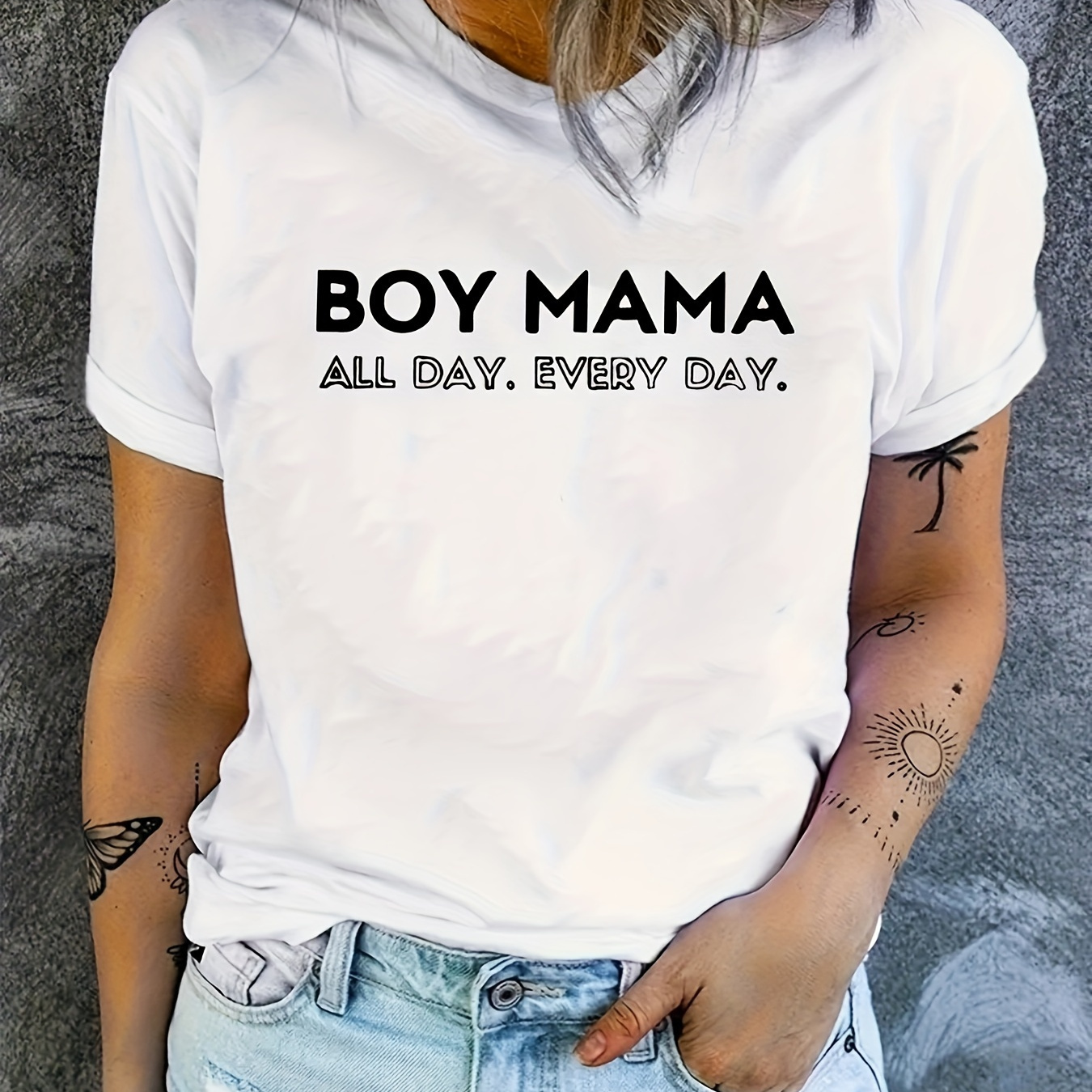 

Boy Mama Print T-shirt, Short Sleeve Crew Neck Casual Top For Summer & Spring, Women's Clothing