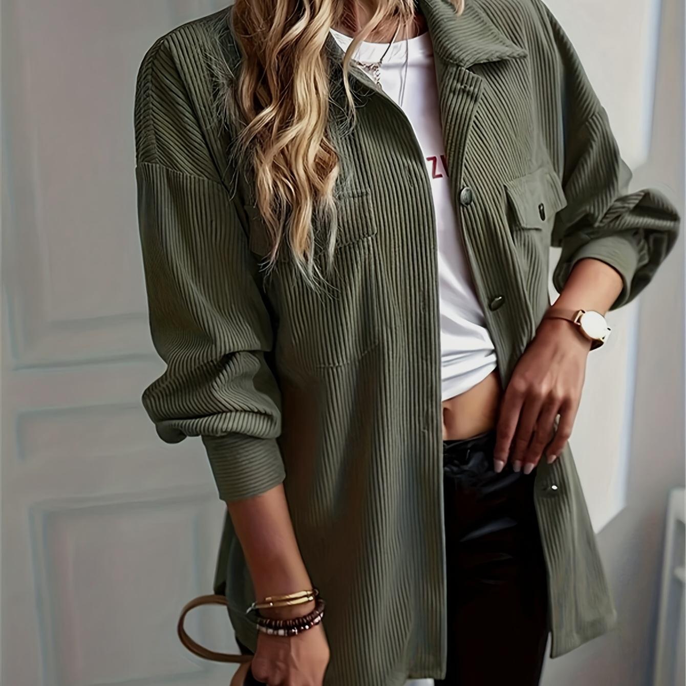 

Elegant Olive Green Corduroy Shacket For Women - Vintage-inspired Long Sleeve Button-up Jacket With Chest Pockets, Machine Washable, Polyester, Fall/winter