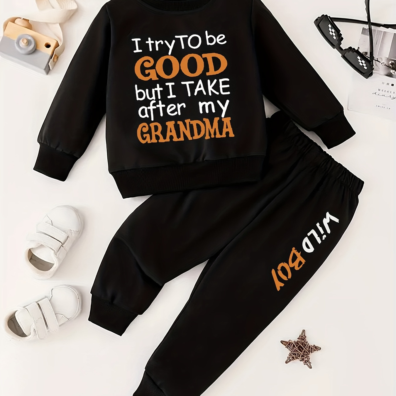 

Boy's I Try To Be Good Print 2pcs, Sweatshirt & Sweatpants Set, Casual Outfits, Kids Clothes For Spring Fall