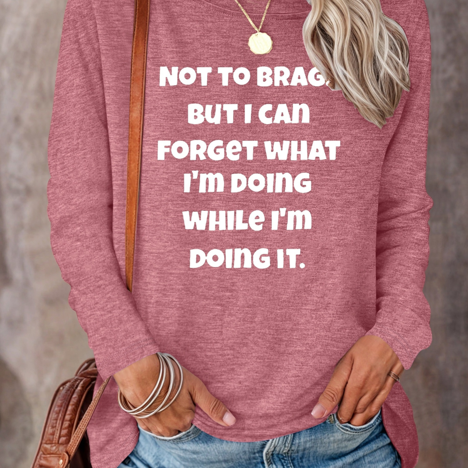 

Letter Print T-shirt, Long Sleeve Crew Neck Casual Top For Spring & Fall, Women's Clothing