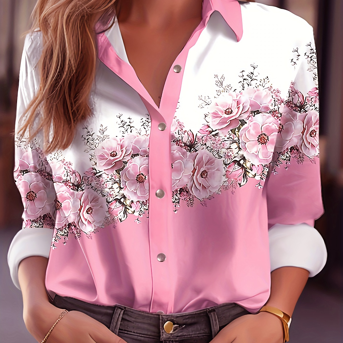 

Chemise à manches longues à boutons, avec imprimé floral, pour femme, vêtement décontracté