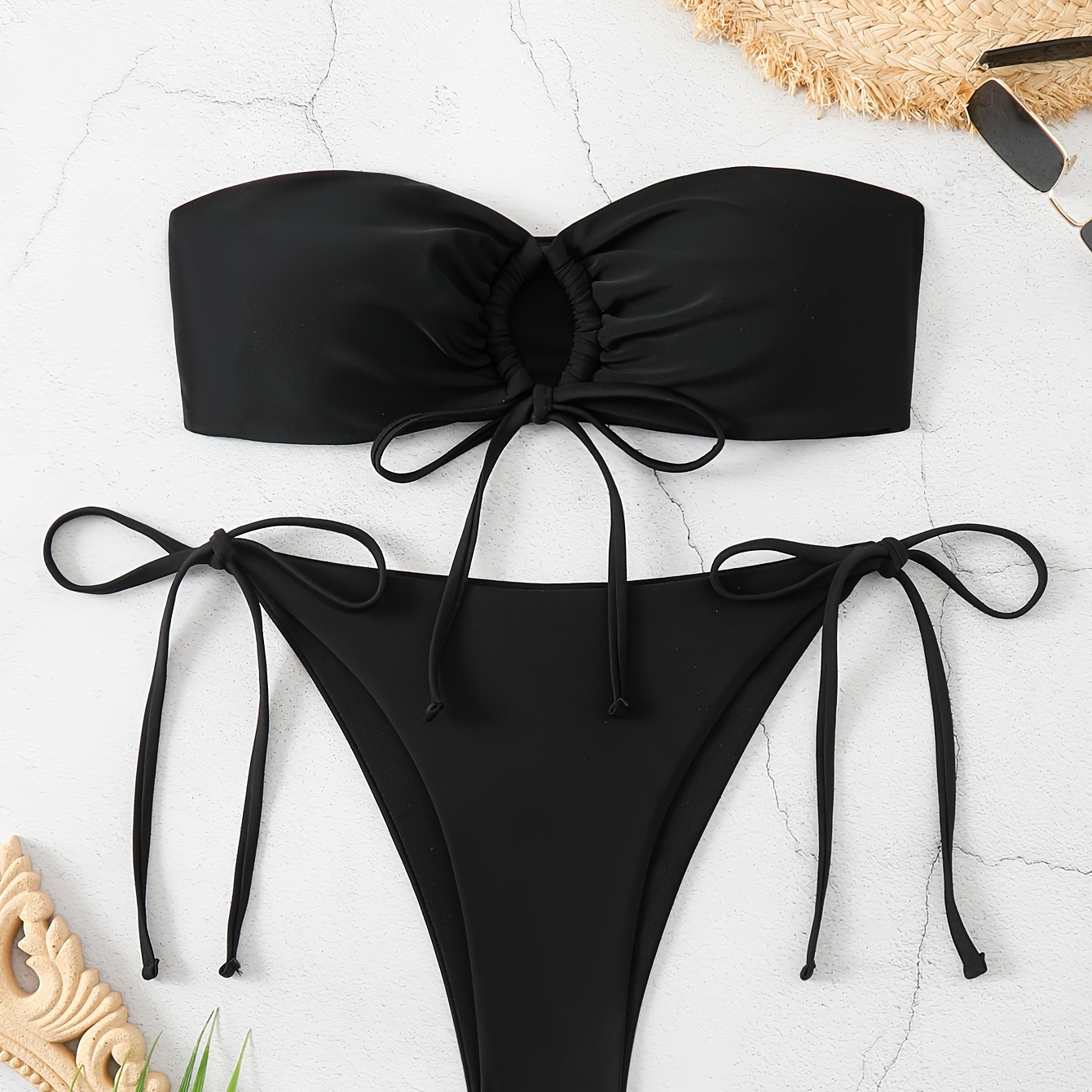 

Solid Color Bandeau 2 Piece Set Bikini, Tube Top High Cut Tie Side Swimsuits, Women's Swimwear & Clothing