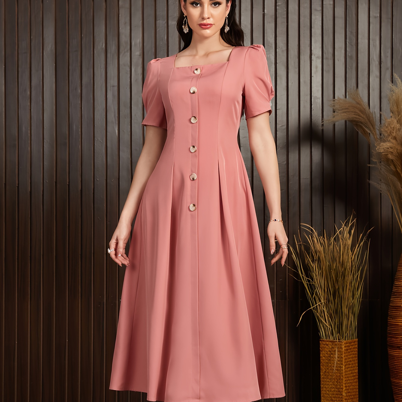 

Elegant Midi Dress For Women With Square Neckline And Button Detail - Chic Lantern Sleeves, Polyester, Machine Washable - Ideal For Spring/summer/fall Events