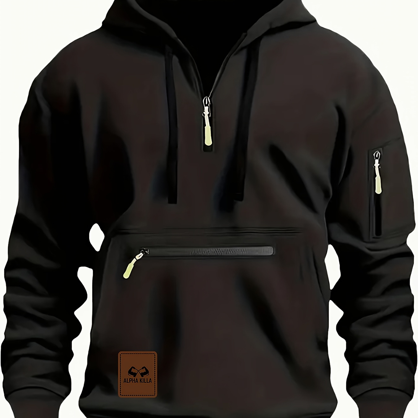 

Men's Essential Fall & Winter Hoodie - Sleek Black, Half-zip With Front Pocket, Long Sleeve, Casual Polyester Knit, 220gsm