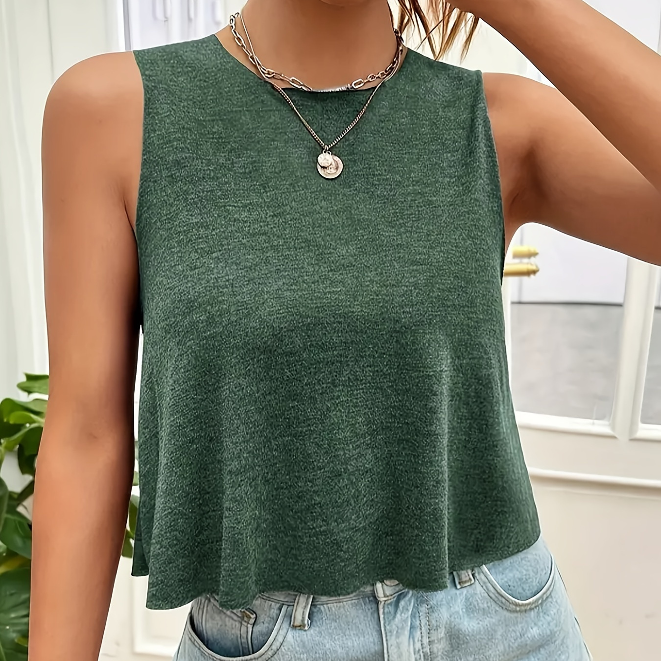 

Solid Color Crew Neck Tank Top, Casual Sleeveless Top For Summer & Spring, Women's Clothing