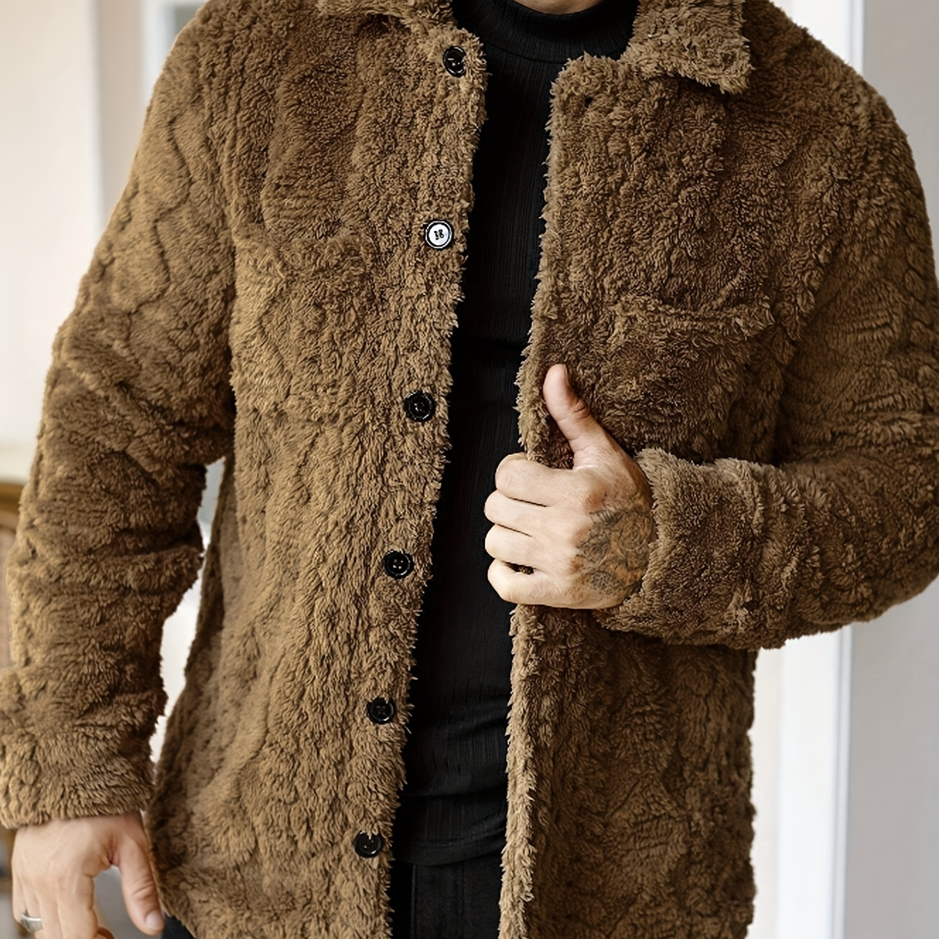 

Build] Men's Casual Solid Color Brown Fleece Jacket - Cozy Flannel, Button-up With Collar, Long Sleeves, Machine Washable For Fall And Winter