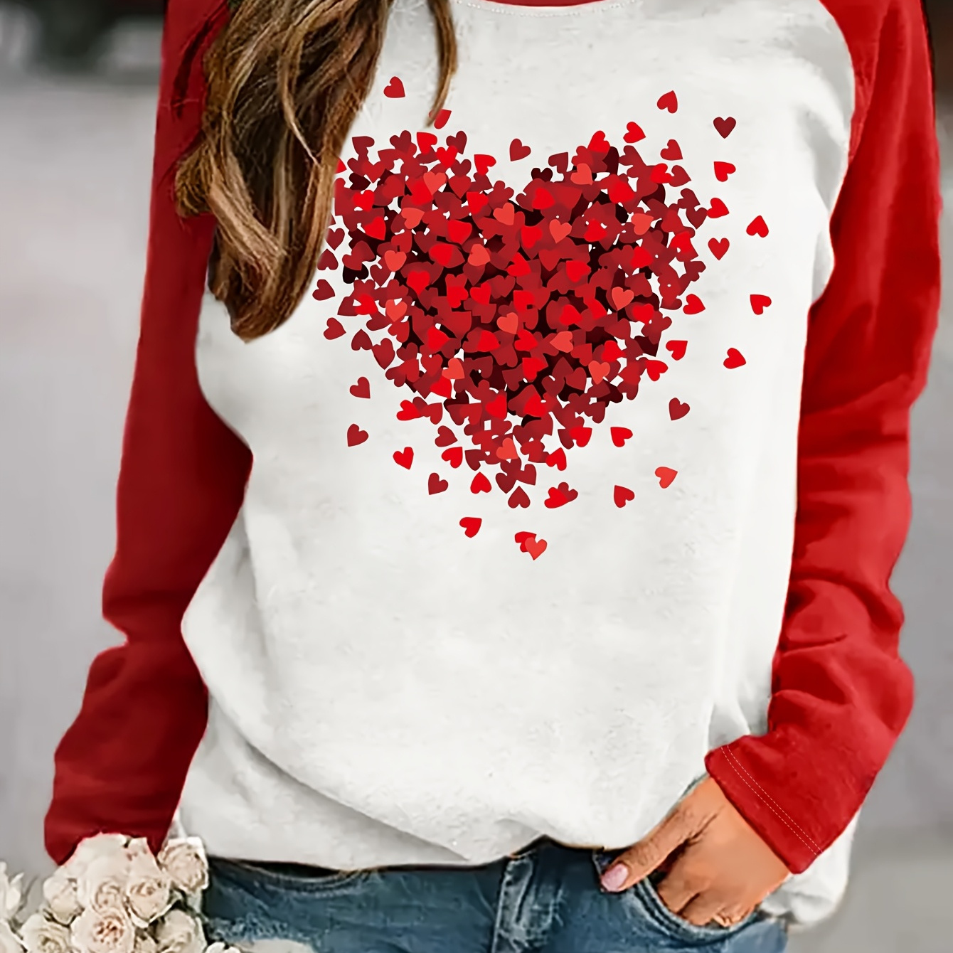 

Women's Valentine's Day Heart Sweatshirt - Crew Neck Casual Pullover For Spring & Fall, Soft Polyester Knit, Machine Washable, Casual Wear | Design | Stretch Fabric, Valentine's Day Outfit