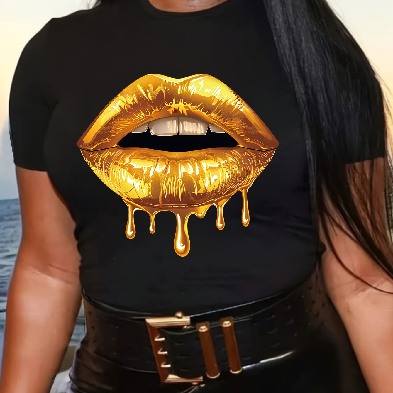 

Plus Size Lip Print T-shirt, Casual Crew Neck Short Sleeve T-shirt, Women's Plus Size clothing