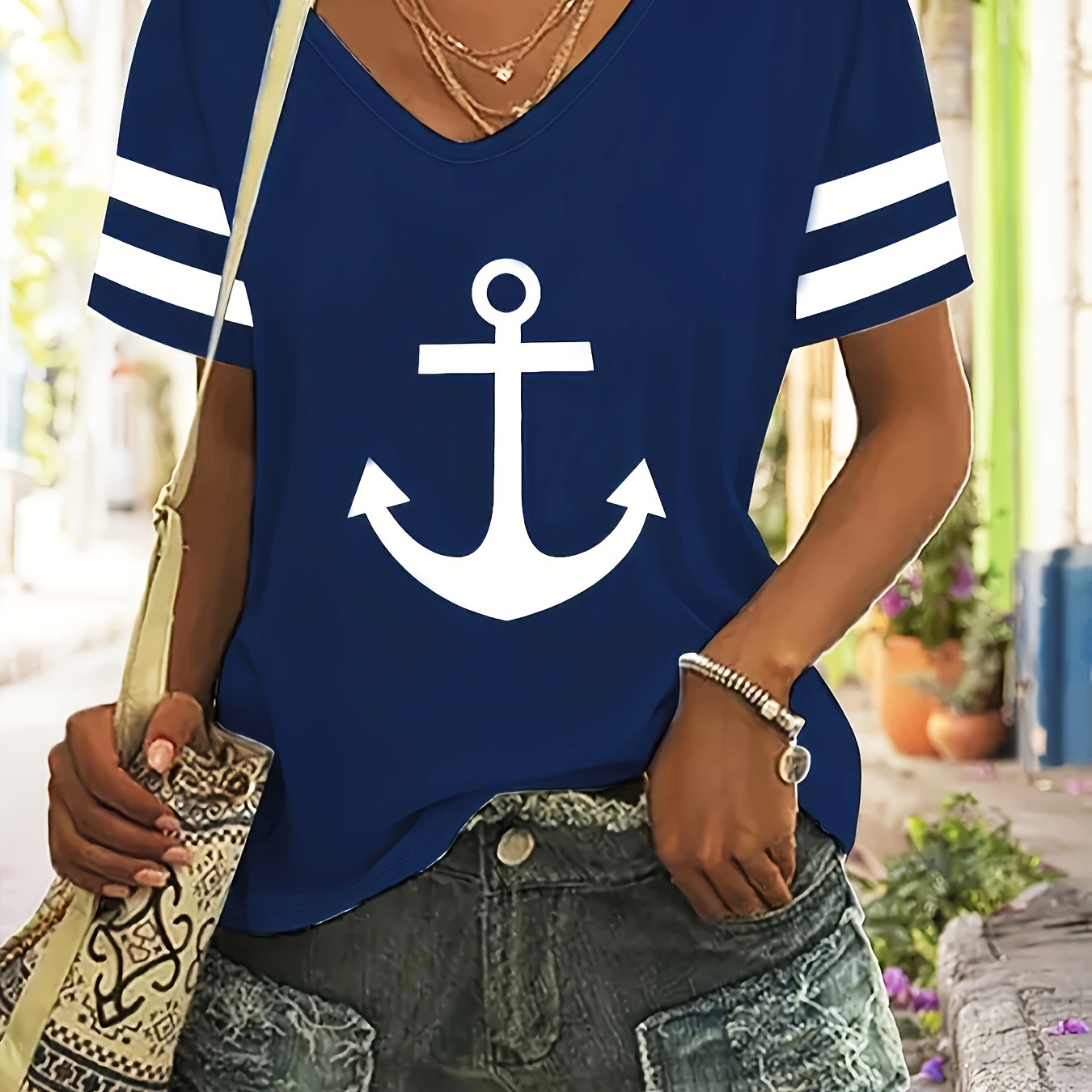 Boat Anchor Print Women's V-Neck T-Shirt Casual Sea Sailor Short Sleeve Top  Blouse Beach Vacation T Shirt