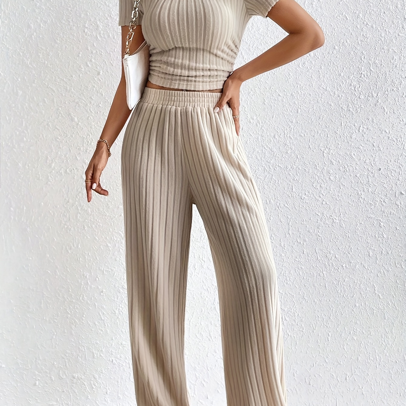 

Ribbed Square Neck Matching Two-piece Set, Casual Short Sleeve T-shirt & Wide Leg Pants Outfits, Women's Clothing