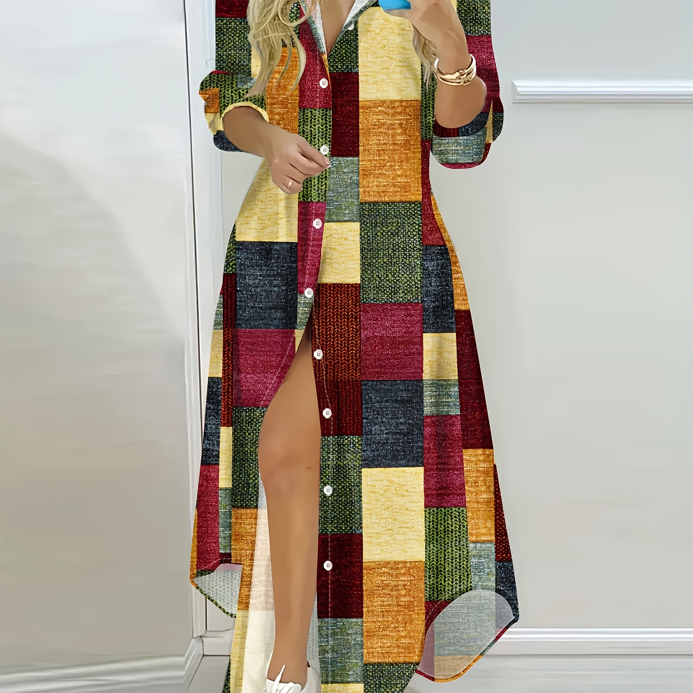 Vestido de Manga Comprida com Estampado Geométrico Colorido em Patchwork, Estilo Casual de Primavera e Outono