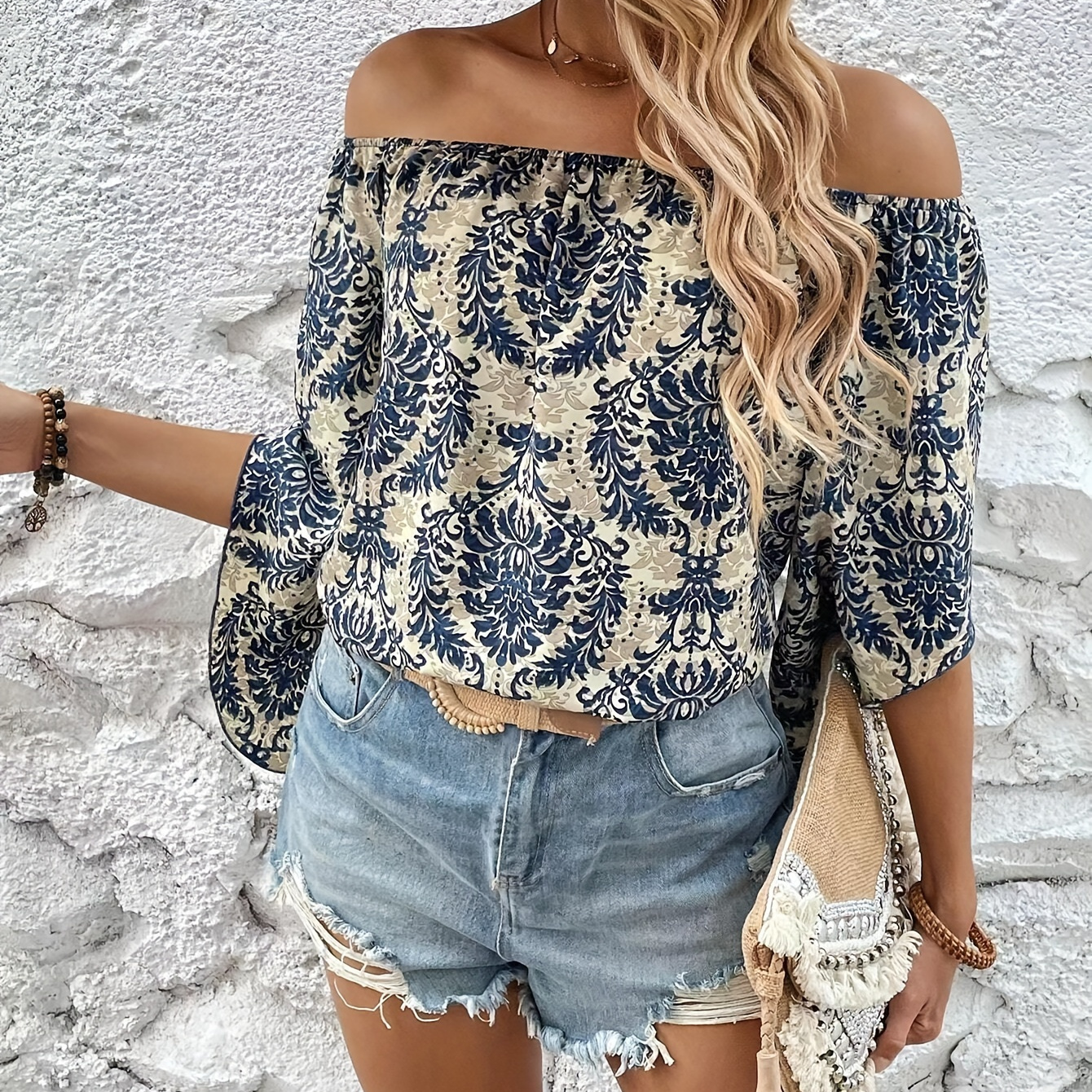 

Damask Print Off-shoulder Blouse, Vacation Flare Sleeve Blouse For Spring & Summer, Women's Clothing