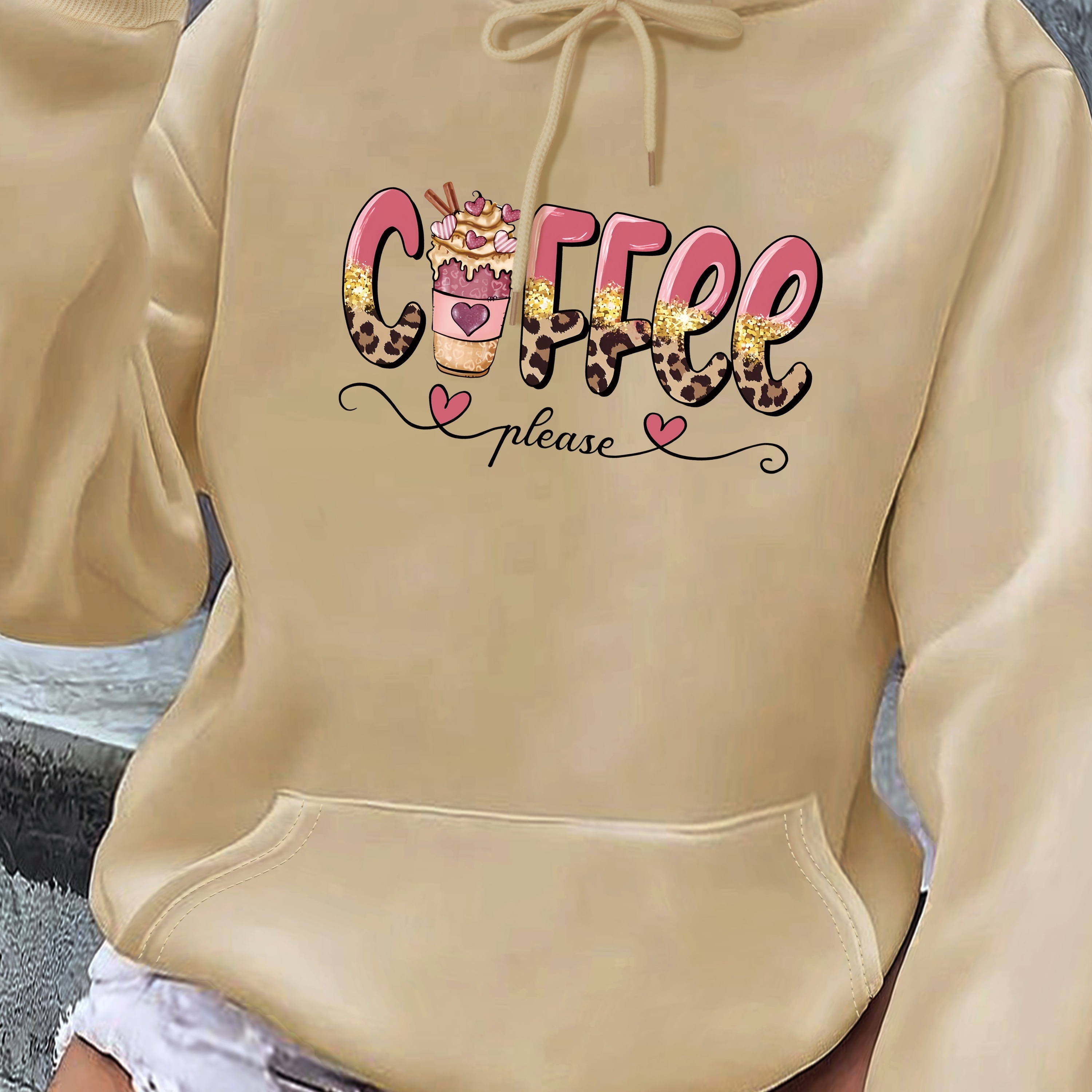 

Leopard Coffee Please Print Hoodie, Casual Long Sleeve Kangaroo Pocket Drawstring Hoodie Sweatshirt, Women's Clothing