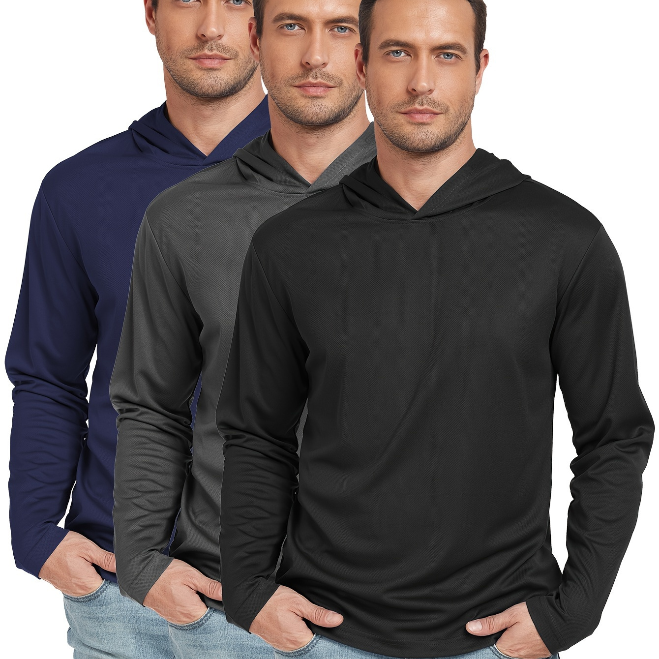 

3 Pack: Mens Quick Dry Moisture Wicking Long Sleeve Hoodie Pullover Sweatshirt Upf 50+