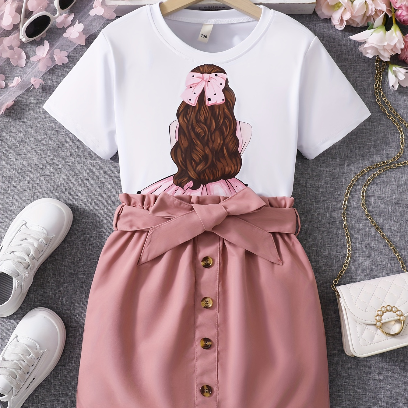 

Girls Outfit, Classy Portrait Print Short Sleeve Top + Buttons Straight Skirt Set, Casual 2pcs Summer Clothes