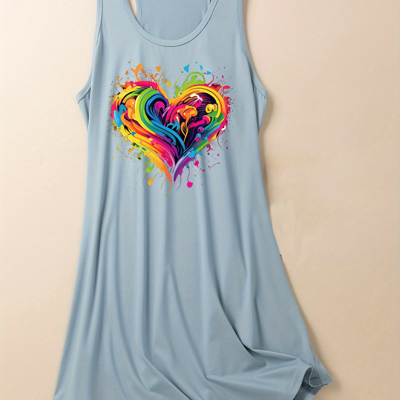 

Women's Valentine's Day Casual Loungewear Dress, Plus Size Colorful Heart Print Racer Back Tank Sleep Dress