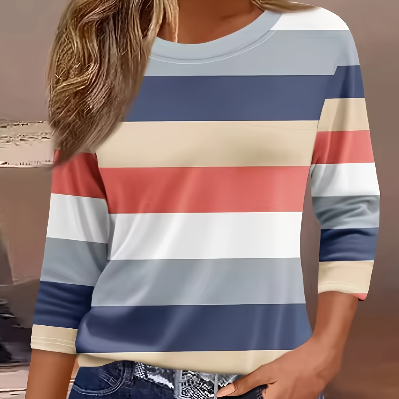 

Women's Casual Striped Print 3/4 Sleeve T-shirt - Round Neck, Polyester , Machine Washable - Spring/summer/fall