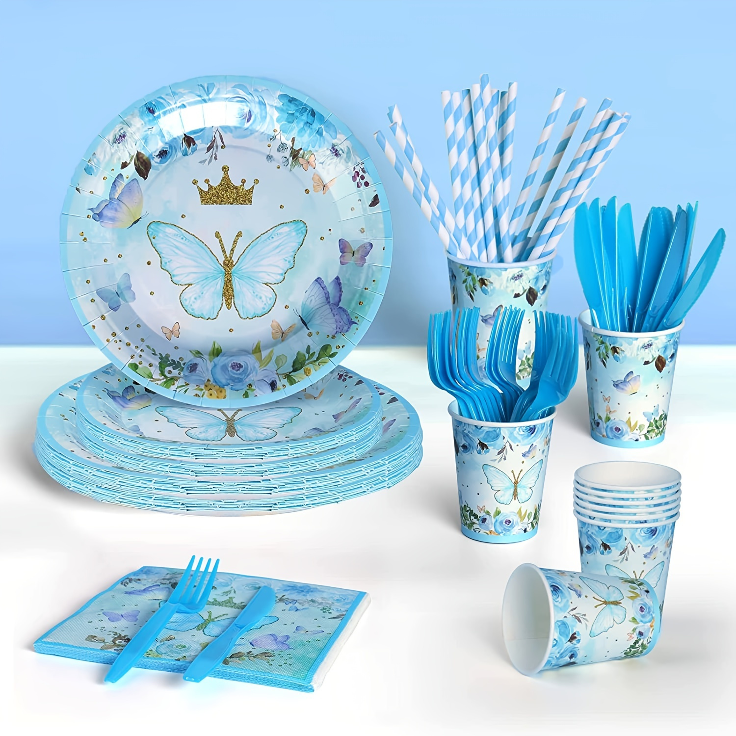 1/10/20/24 pezzi, set di forniture per feste di compleanno, stoviglie usa e  getta con farfalla blu primaverile per decorare piatti, tovaglioli, tazze,  tovaglie, inserti per torte, striscioni di compleanno, palloncini, festa del