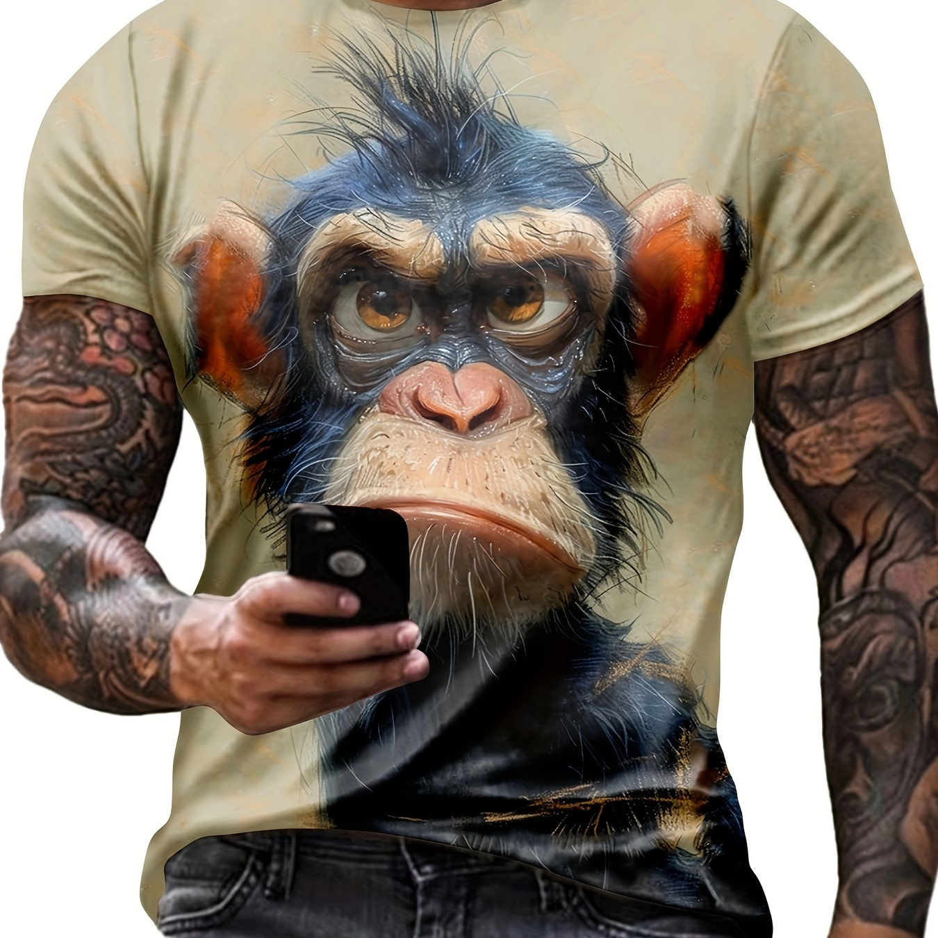 

3d Printed Monkey Graphic Crew Neck Short Sleeve T-shirt For Men, Casual Summer T-shirt For Daily Wear And Vacation Resorts