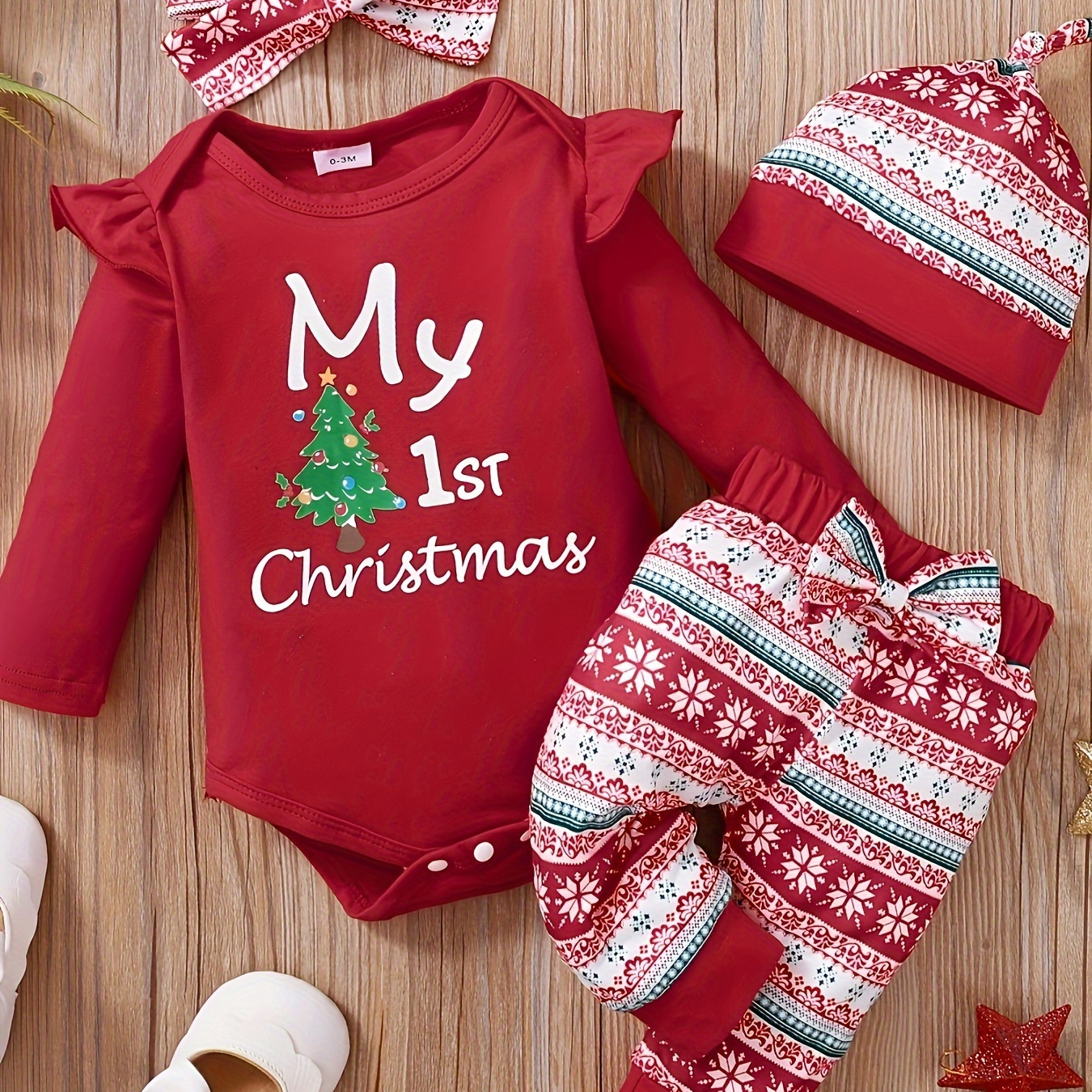 

Baby Girl Christmas Set, Flying Long Sleeve Cute Cartoon Pattern & Letter Print Casual Triangle Romper + Pattern Print Pants + Headband Three-piece Set Plus Hat