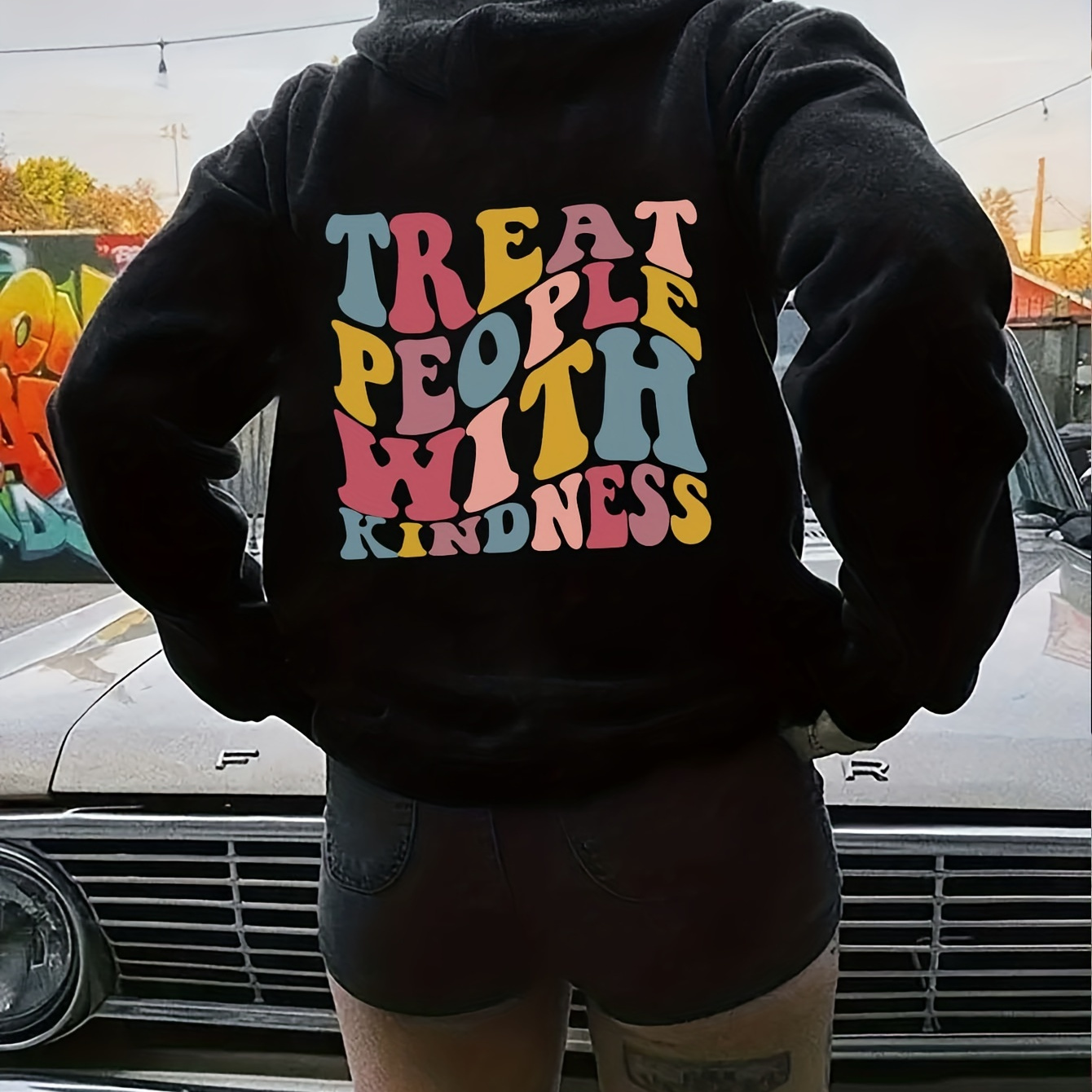 

Plus Size Casual Sweatshirt, Women's Plus Slogan Print Long Sleeve Drawstring Hooded Sweatshirt With Pockets