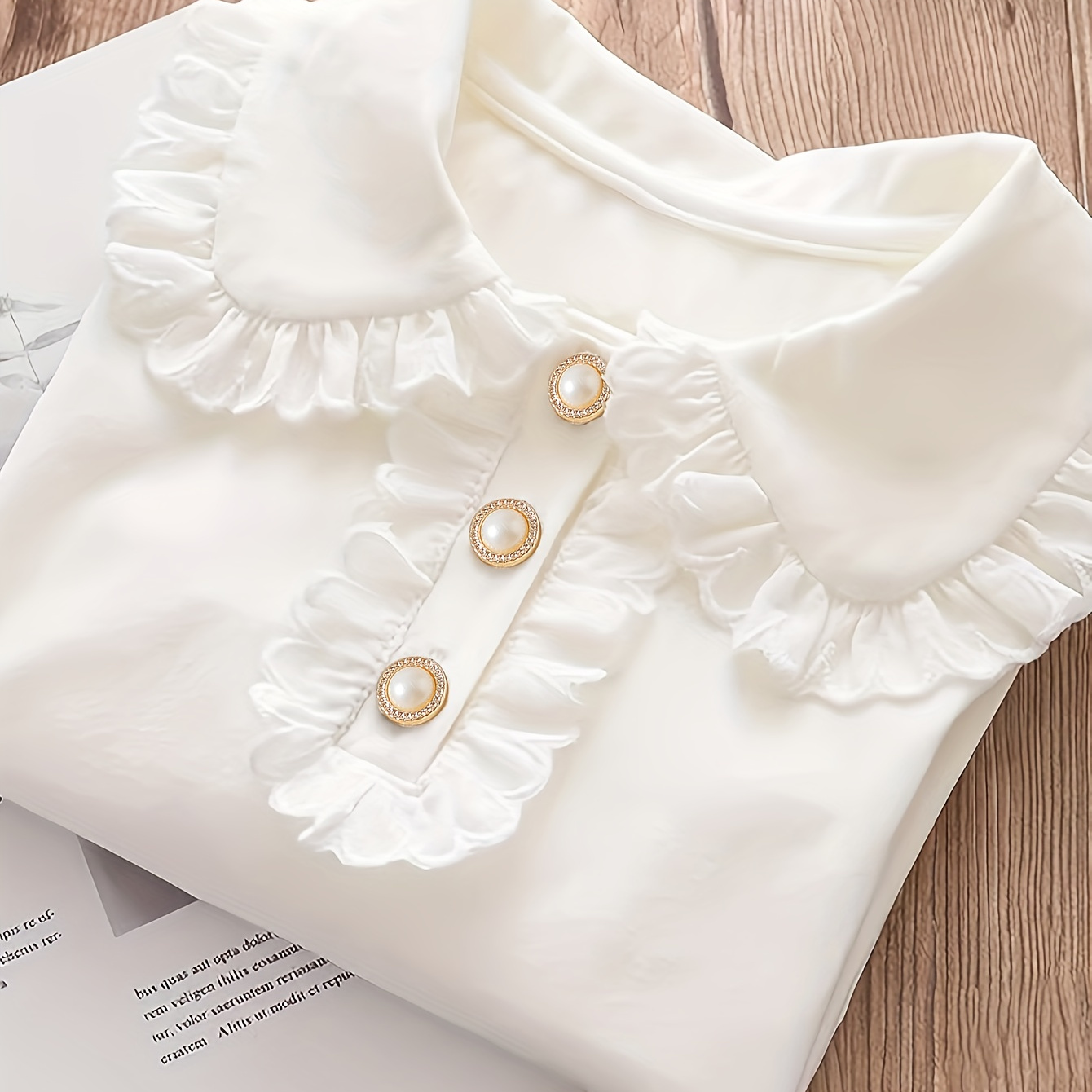 

Girls Stylish & Casual Solid Colored Ruffle Trim Doll Collar Long Sleeve Cotton T-shirt For Spring & Fall