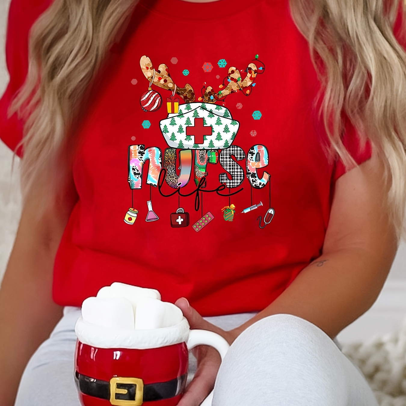 

Women's Christmas Nurse Letter Print T-shirt - Casual Crew Neck, Short Sleeve Top, Breathable Polyester , Machine Washable, Best For Christmas