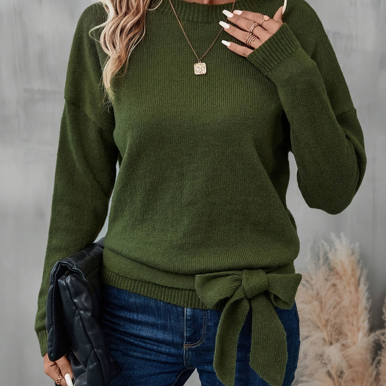 

Tie Side Crew Neck Sweater, Elegant Long Sleeve Sweater For Fall & Winter, Women's Clothing