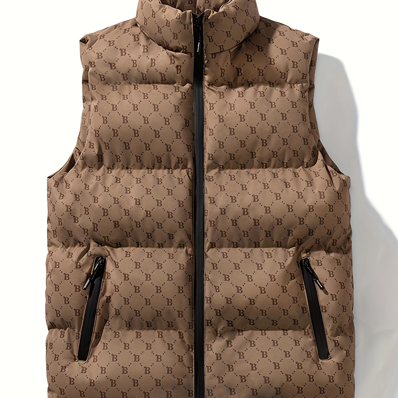 

Men's Winter Padded Vest, Polyester Sleeveless Waistcoat, Regular Fit, Letter Print, Zipper Front, Solid Color, No Belt, , Polyester , For Outerwear